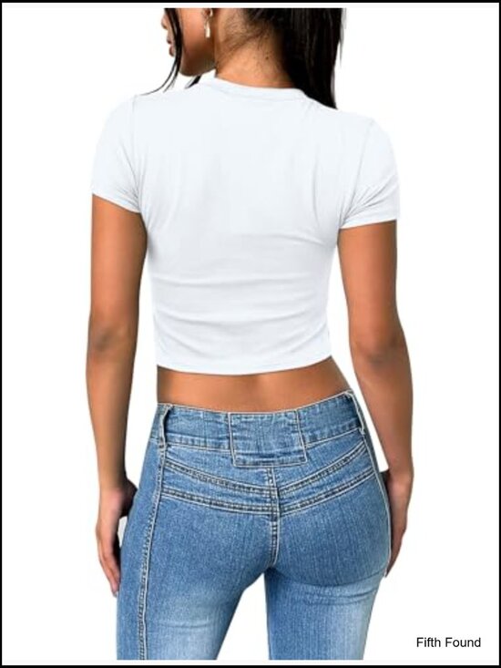 Large Slim Fit Crop Top 95% Cotton 5% Spandex Y2K Style Crew Neck Short Sleeve - Picture 5 of 7